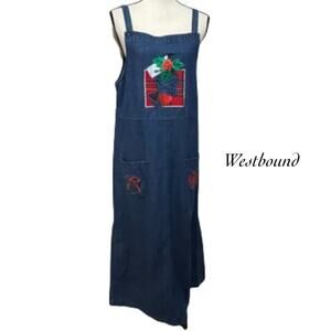 Vintage Westbound Blue Denim Christmas Embroidered Pockets Coverall Dress Size L